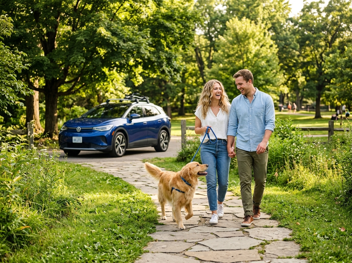 Casal passeando com cachorro em parque com veículo Volkswagen ao fundo